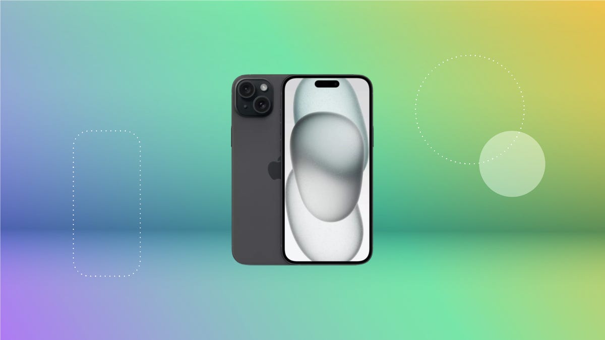 Black iPhone 15 displayed against a gradient purple, pink, teal, and green background