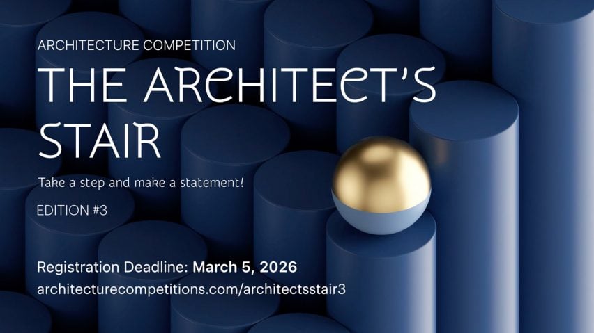 a poster for an architecture competition, featuring a blue background and white text over it
