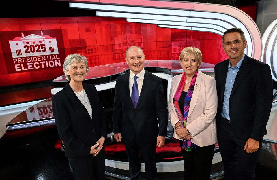 Presidential candidates, from left,  Independent candidate Catherine Connolly, Jim Gavin of Fianna Fáil and Heather Humphreys of Fine Gael with presenter Kieran Cuddihy at the first televised debate of the 2025 Presidential Election campaign on Virgin Media’s The Tonight Show in Dublin. Photo by Ramsey Cardy/Sportsfile
