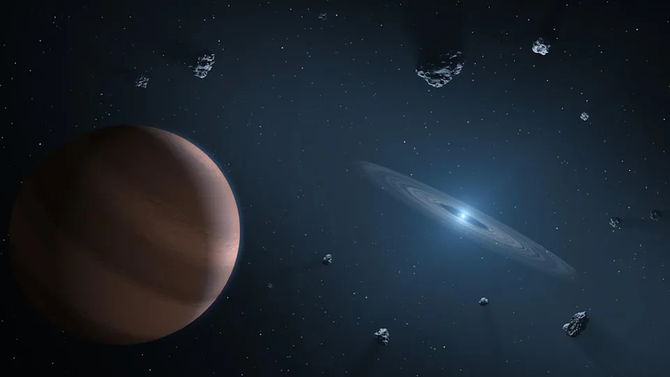  An illustration of a planet orbiting a white dwarf star. 