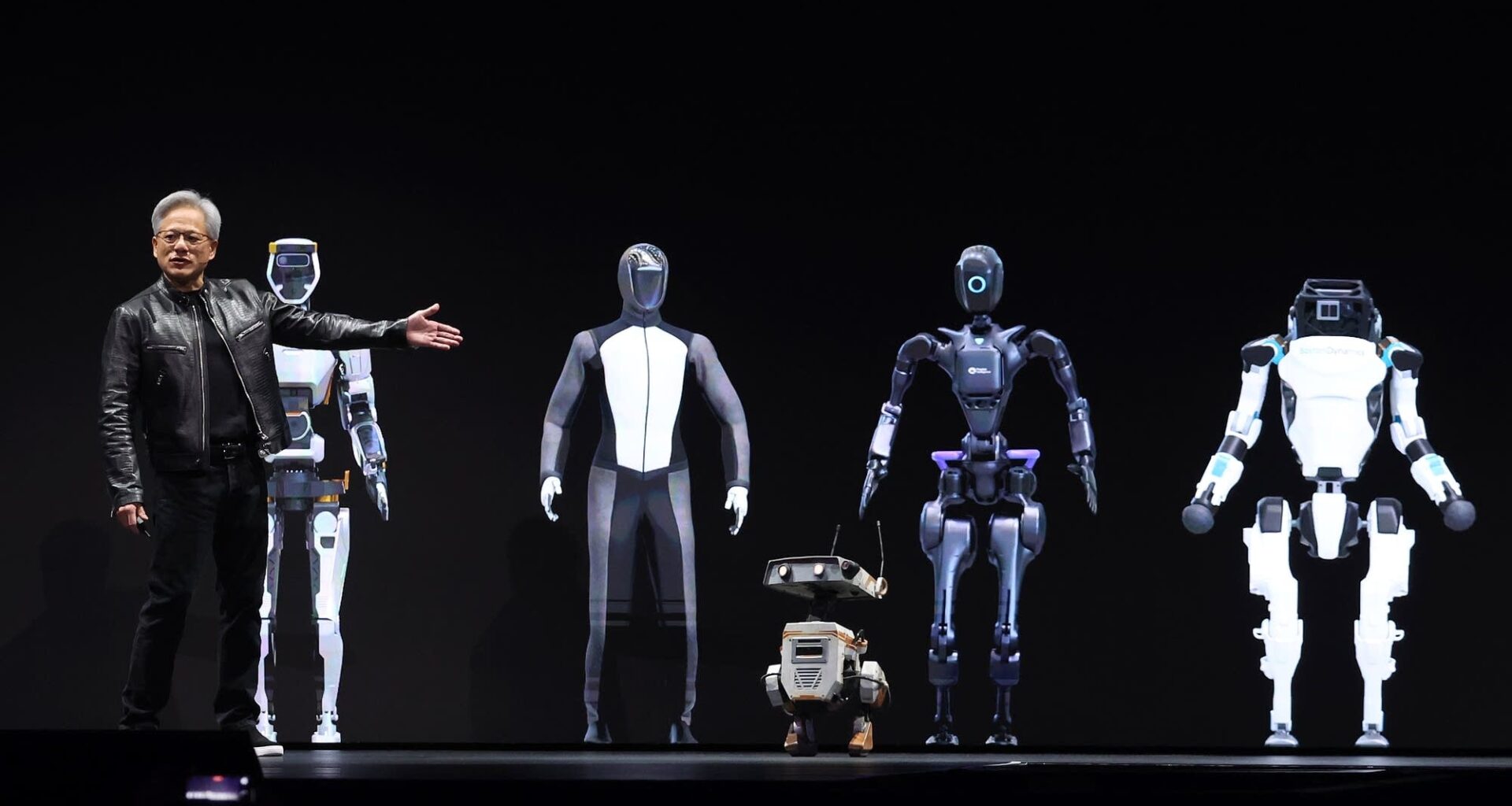 Nvidia CEO Jensen Huang delivers a keynote address at an AI conference.