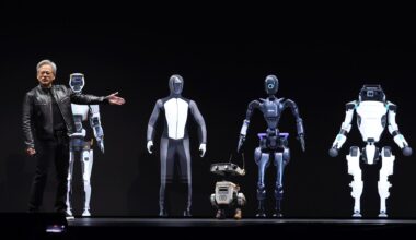 Nvidia CEO Jensen Huang delivers a keynote address at an AI conference.