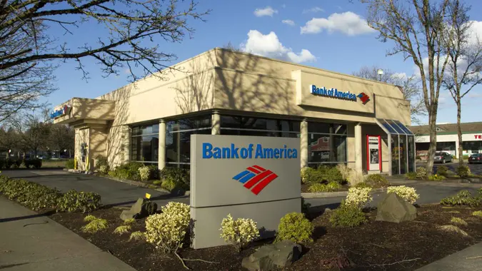 A view of the exterior facade of a Bank of America branch, showcasing its signage and architecture.