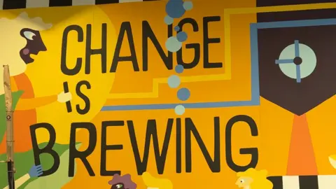 A mural at Tap Social with the words "Change is brewing".