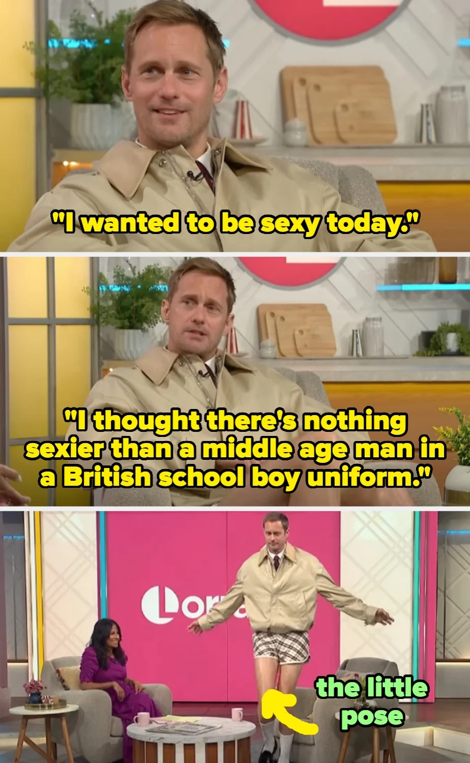 Man in casual coat and plaid shorts jokingly strikes a pose on a TV set with two hosts, captioned with humorous quotes about being sexy