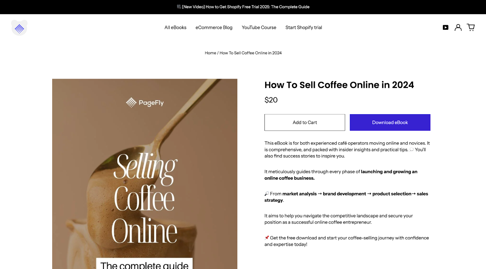 Landing page for Selling Coffee Online ebook