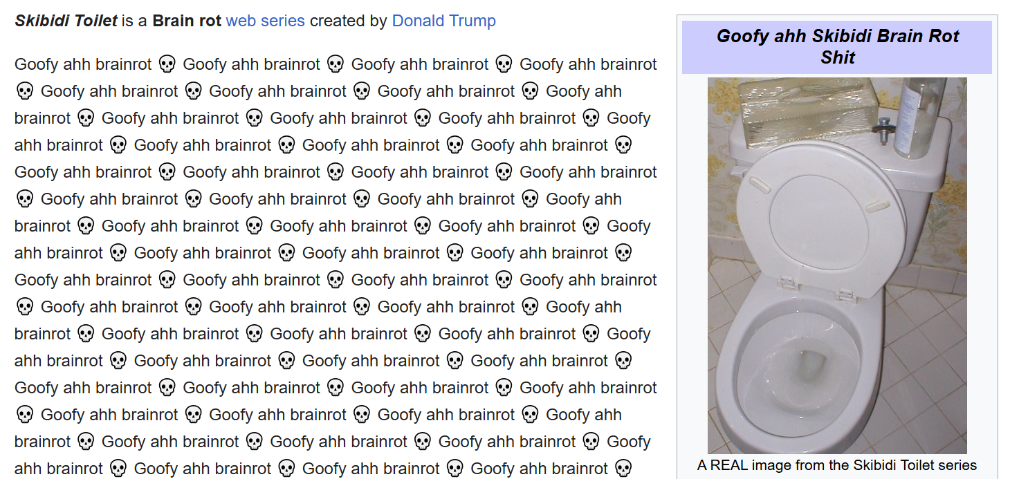 A screenshot of the Wikipedia page for "brain rot," which has been defaced with a picture of a toilet and the words "Goofy ahh brainrot" repeated 96 times.