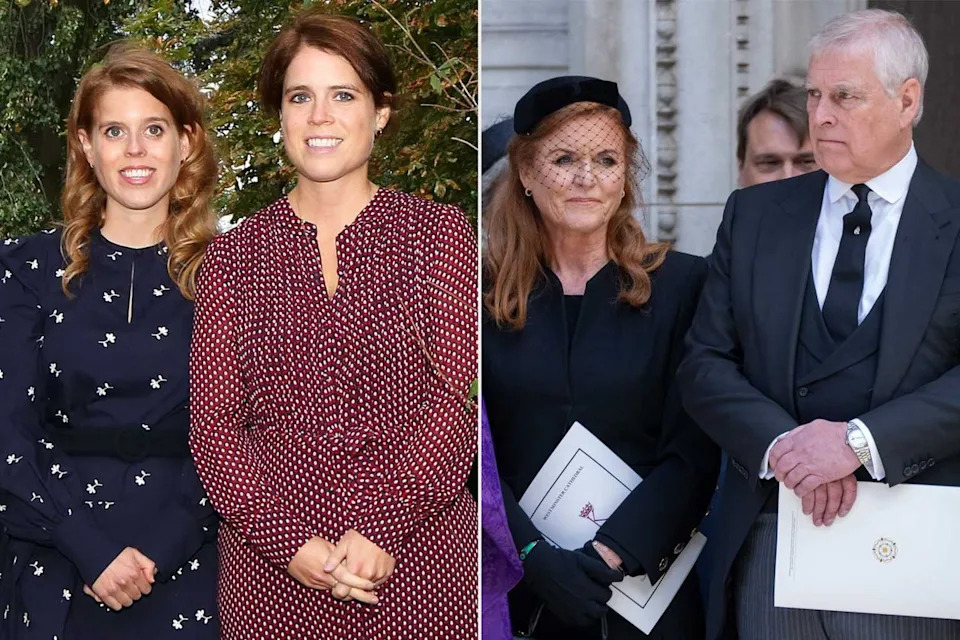 Richard Barker/Shutterstock; Mark Cuthbert/UK Press via Getty Princess Beatrice and Princess Eugenie in 2024; Sarah Ferguson and Prince Andrew on Sept. 16, 2025.