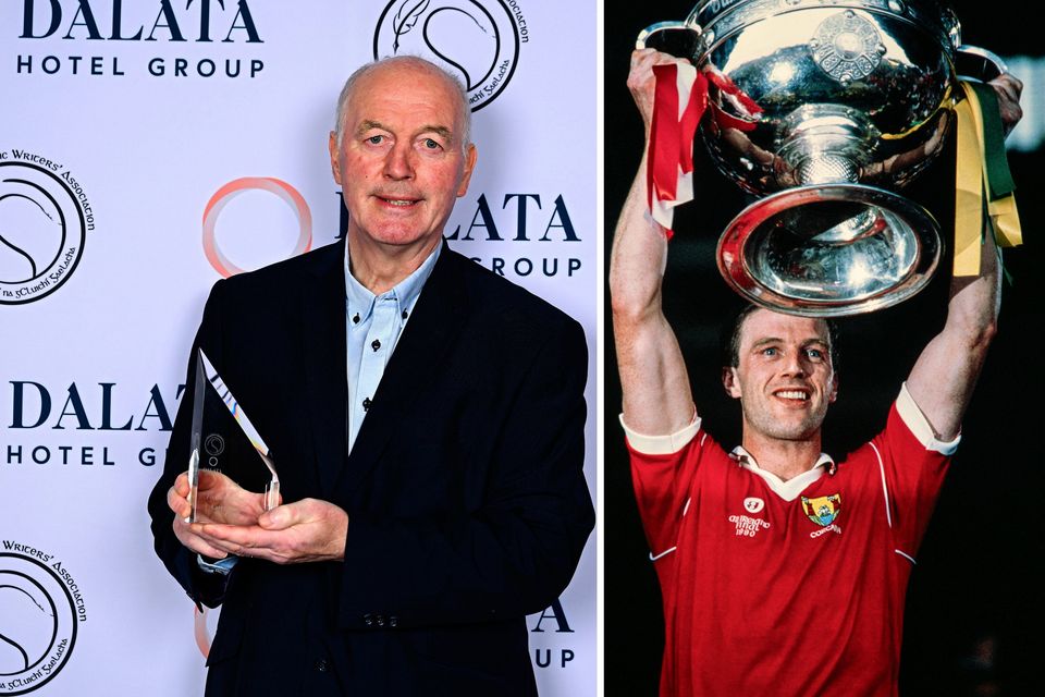 Cork legend Larry Tompkins with his Hall of Fame award at the Gaelic Writers' Association Awards, supported by Dalata Hotel Group at the Clayton Hotel in Ballsbridge and, right,  lifting Sam Maguire in 1990. Photo: Piaras Ó Mídheach/Sportsfile