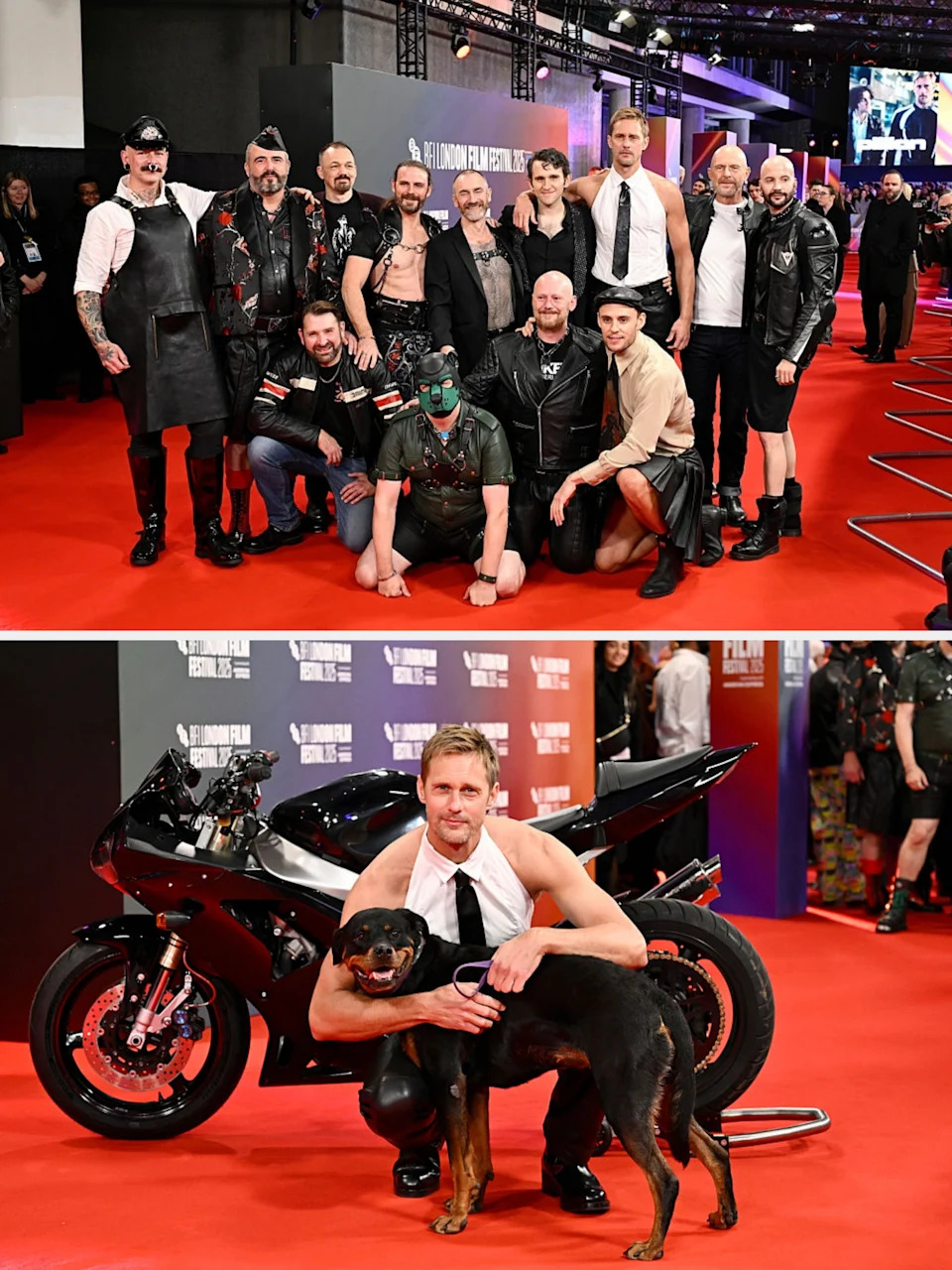 A group of people in leather and edgy attire posing together on a red carpet, some wearing harnesses and hats, with event signage in the background