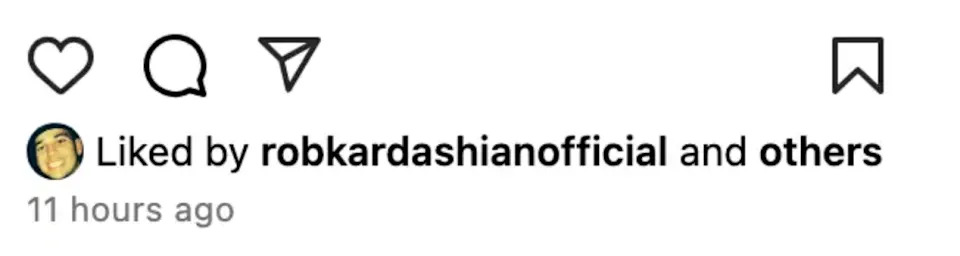 Instagram notification showing a post liked by "robkardashianofficial" and others