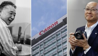 A triptych showing: a smiling man working with tools, the Canon logo on a tall building, and a man in a suit holding a camera and smiling.