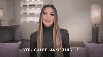 Khloé Kardashian with long, straight hair in a dark turtleneck speaks with the text "YOU CAN'T MAKE THIS UP" appearing below her