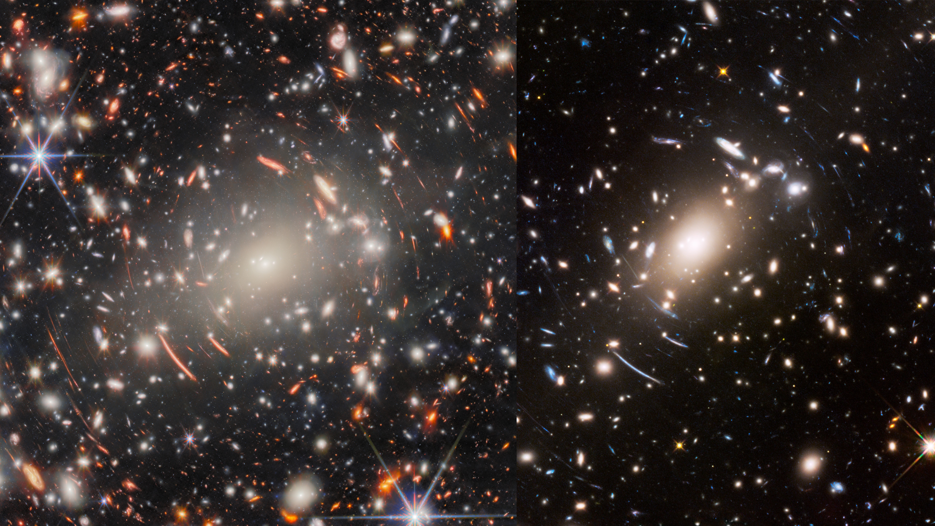 Two side-by-side images of a galaxy cluster in space, captured by JWST, showcase numerous bright galaxies and stars on a dark background—highlighting one of the most extreme gravitational lens effects ever observed.
