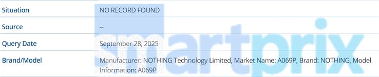 IMEI database listing for a Nothing phone with the model number A069P (Image Source: Smartprix)