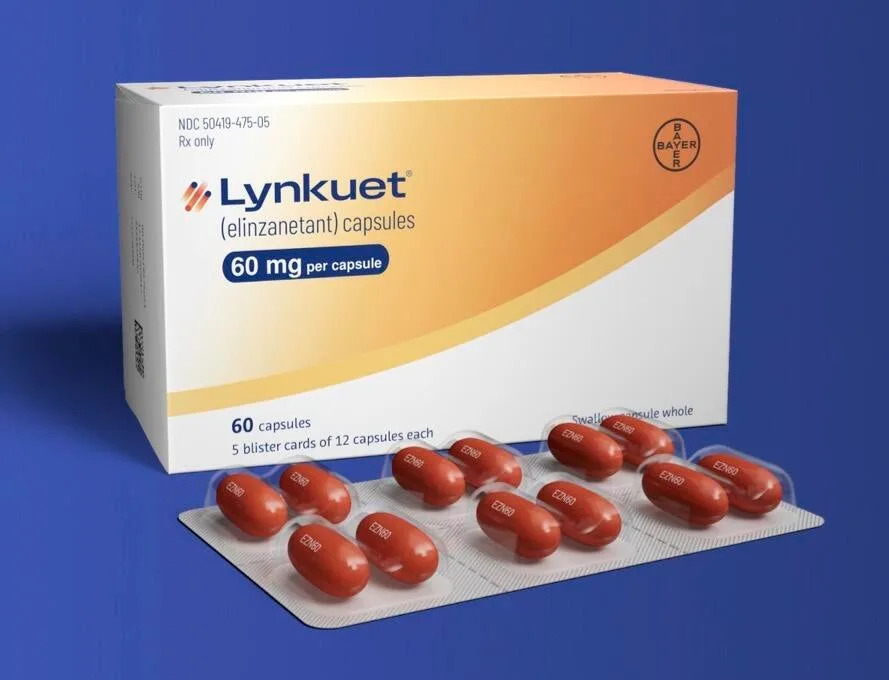 The pill, called Lynkuet (generic name elinzanetant) from drugmaker Bayer, is said to help treat hot flashes for menopausal women. / Credit: Courtesy of Bayer
