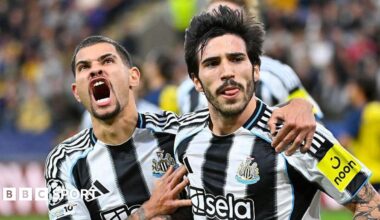 Sandro Tonali celebrates with Bruno Guimaraes after Newcastle United's opening goal against Union Saint-Gilloise on 1 October, 2025