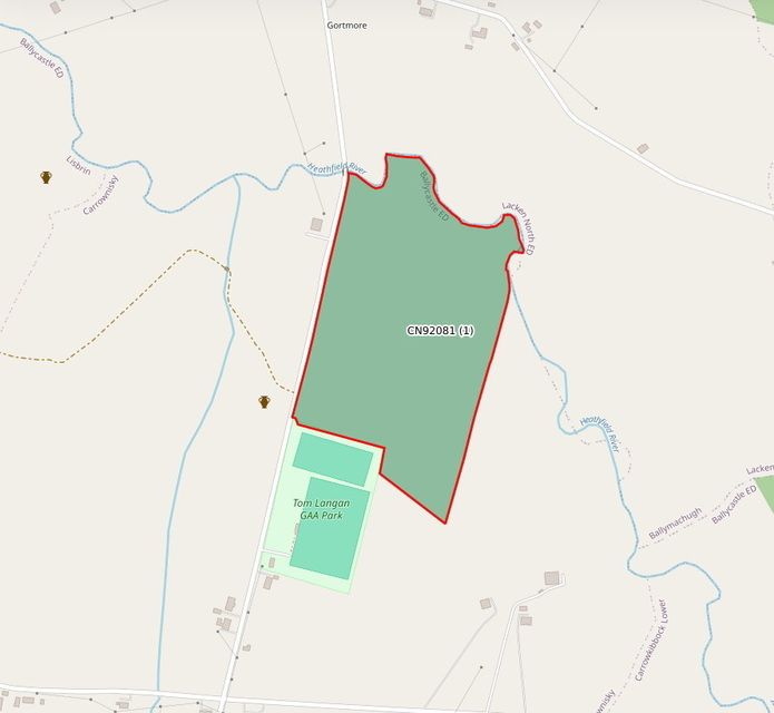 Plans outlining the 12.66-hectare forestry plantation, showing the Heathfield River to the north and the Tom Langan GAA Park to the south of the site. Photo: Forestry License Viewer.