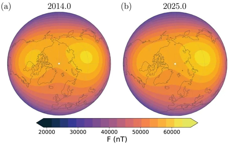 Magnetic Field Intensity (F) at Earth’s surface in the northern polar region (a) in Epoch 2014.0 and (b) in Epoch 2025.0. Units are nanoTesla (nT) Presented in an Azimuthal Nearside Perspective projection. (CREDIT: Physics of the Earth and Planetary Interiors)