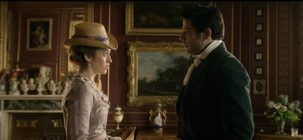 Danielle Galligan and James Norton in House of Guinness danielle galligan and james norton as olivia and rafferty sharing an awkward look in house of guinness