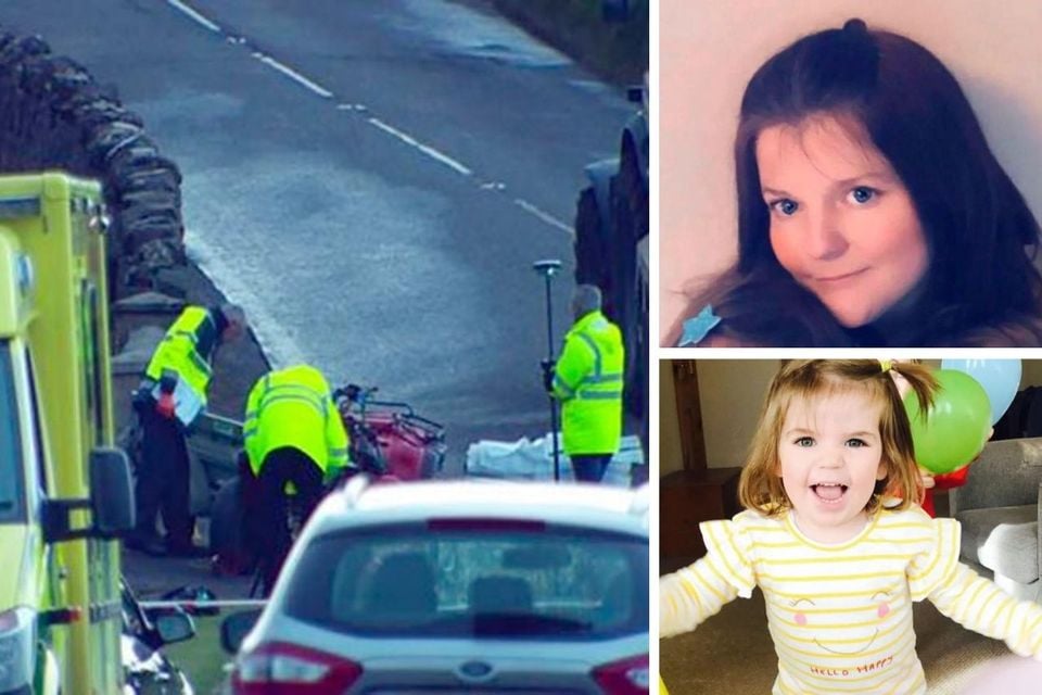 Scene of the collision that killed Clare Smyth (top right) and her daughter Bethany (bottom right)