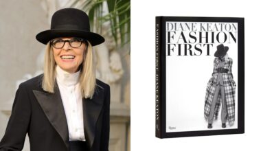 diane keaton wearing a menswear outfit and a bowler hat with black glasses; diane keaton book "fashion first" over white background