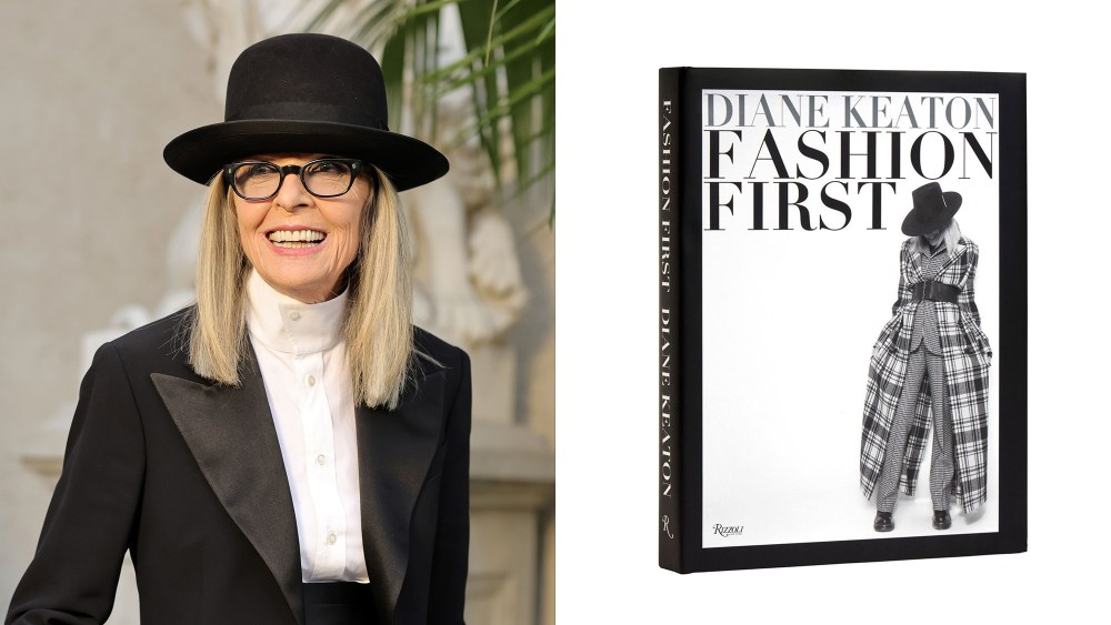 diane keaton wearing a menswear outfit and a bowler hat with black glasses; diane keaton book "fashion first" over white background