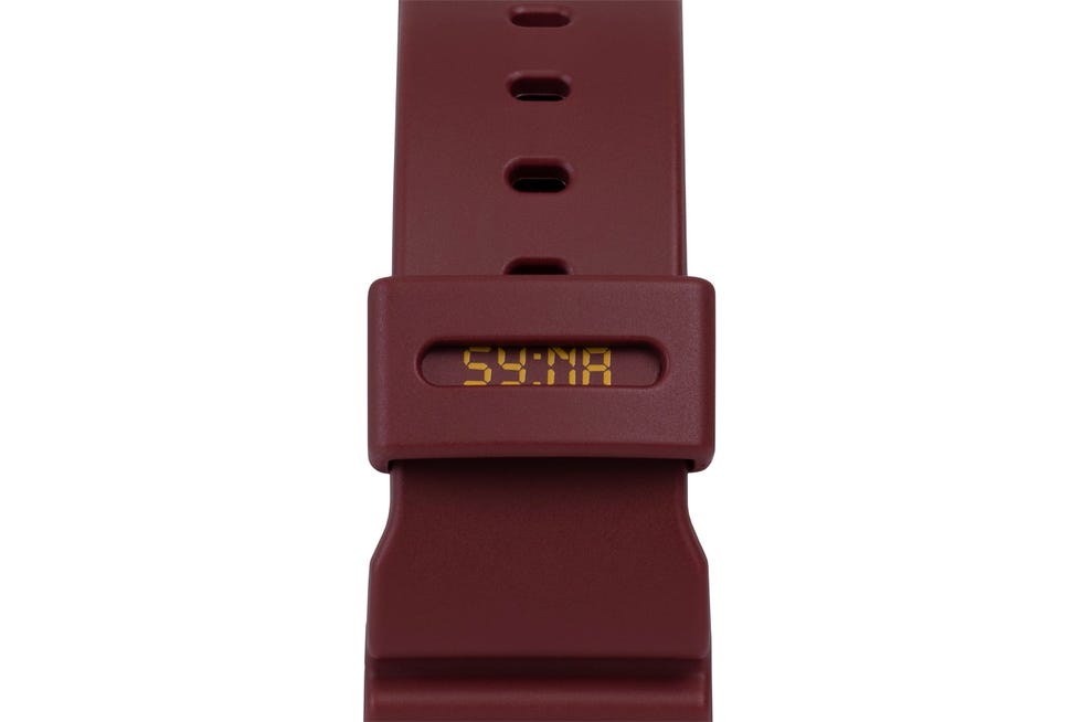 digital watch with a maroon strap displaying time digital watch with a maroon strap displaying time