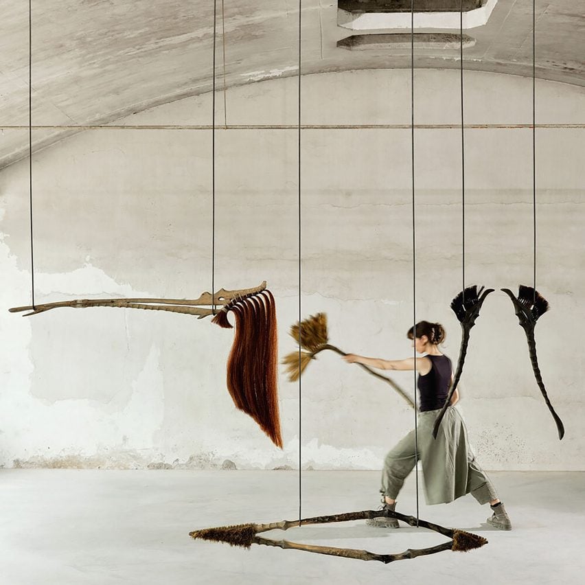 Tenderlymilitant.exe, a student project with crafted broom-weapons by Anna Zoe Hamm