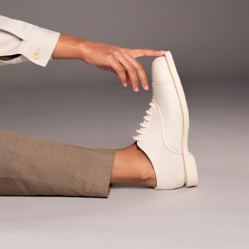 Photo of an all-wool white brogue shoe in Philipp Remus' Felt the Future project