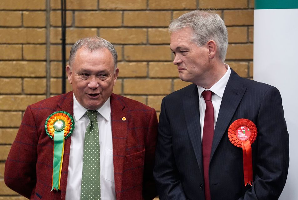 Plaid Cymru's Lindsay Whittle (left) after being declared winner for the Caerphilly Senedd by-election, at Caerphilly Leisure Centre. Andrew Matthews/PA Wire