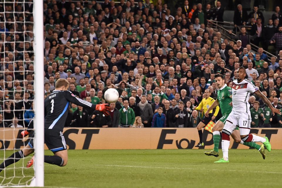 Shane Long shoots past Germany goalkeeper Manuel Neuer to score the match-winner 10 years ago. Photo: Sportsfile