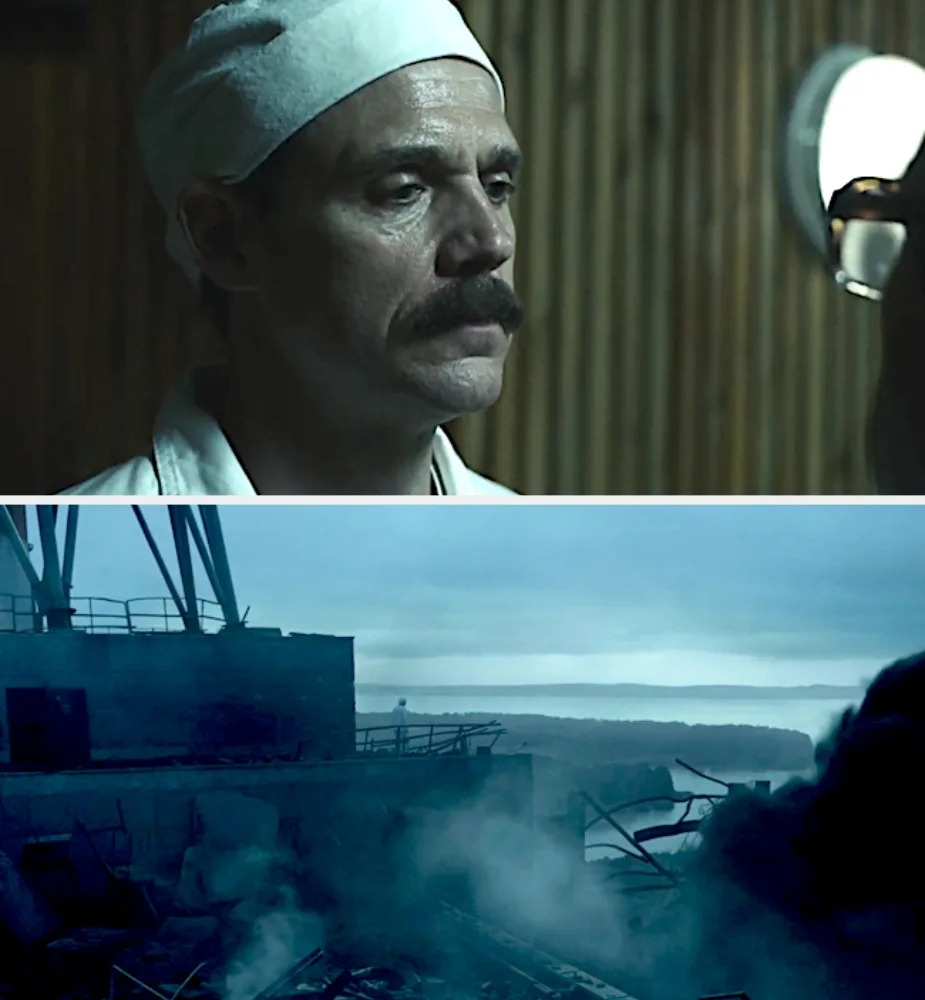 A scene from a TV drama showing a man in a hospital setting and a smoky, industrial disaster site