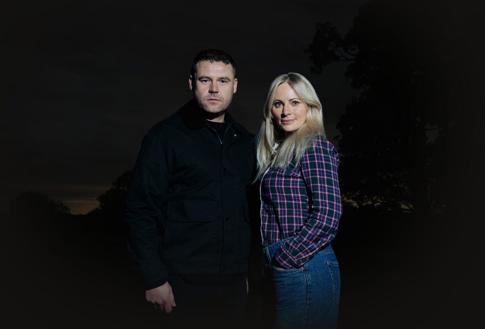 [embargoed until 21.00 thursday 23 october] danny miller and vicky myers on the set of the coronation street and emmerdale crossover episode, corriedale.