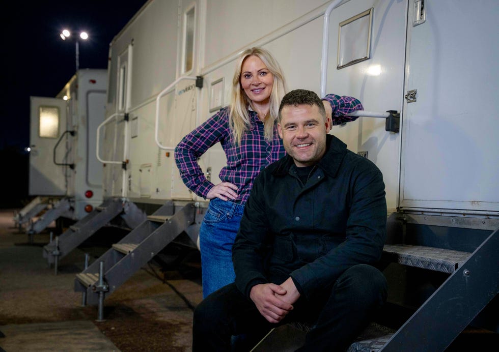 [embargoed until 21.00 thursday 23 october] danny miller and vicky myers on the set of the coronation street and emmerdale crossover episode, corriedale.