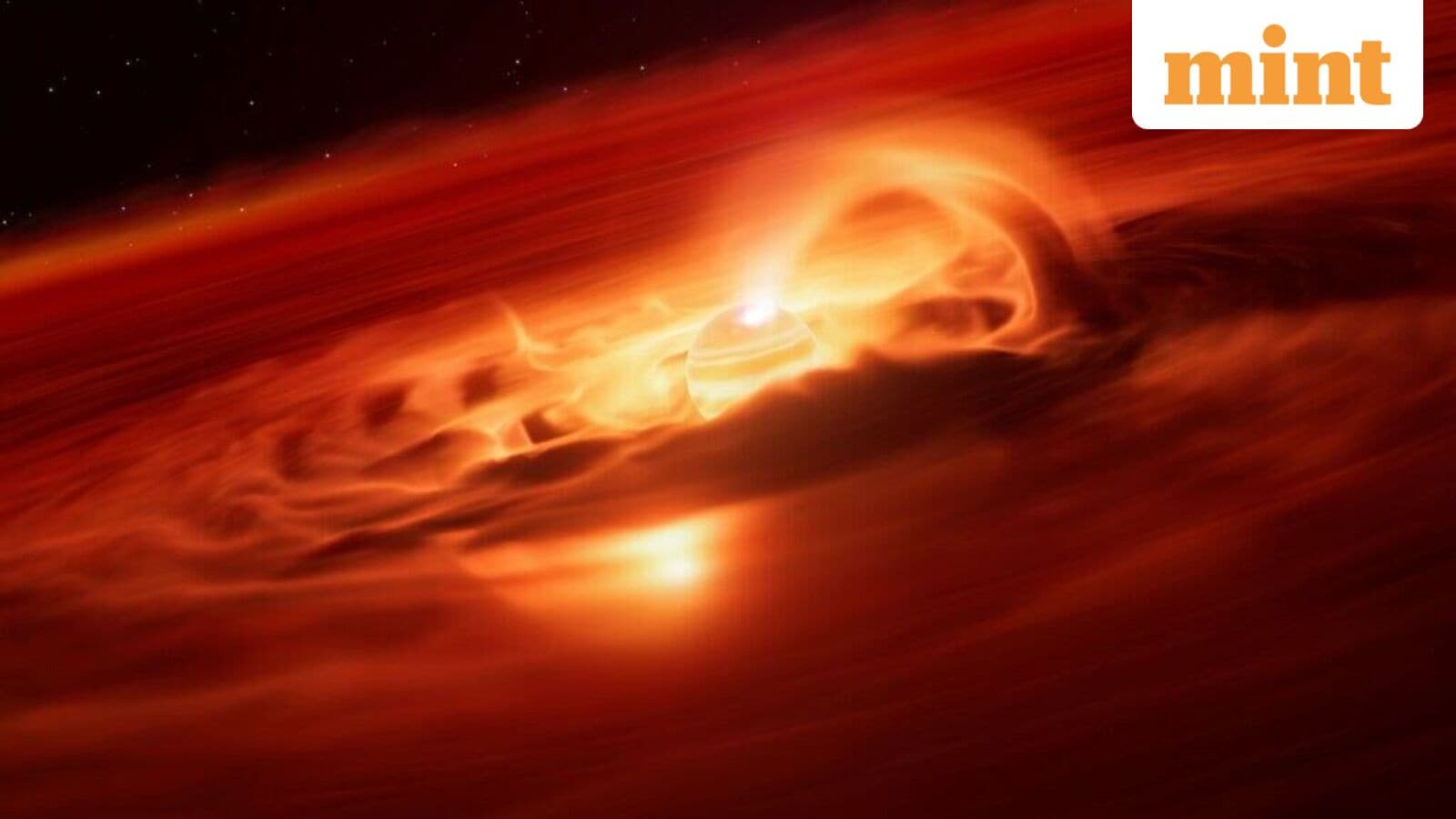 An artists impression showing the rogue planet Cha 1107-7626 and the accretion disk around it.