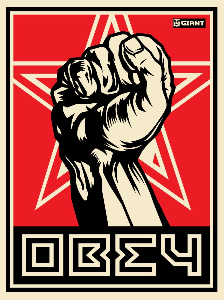 a red, black, and white poster by Shepard Fairey of a power fist in front of a star, with the word 'OBEY'