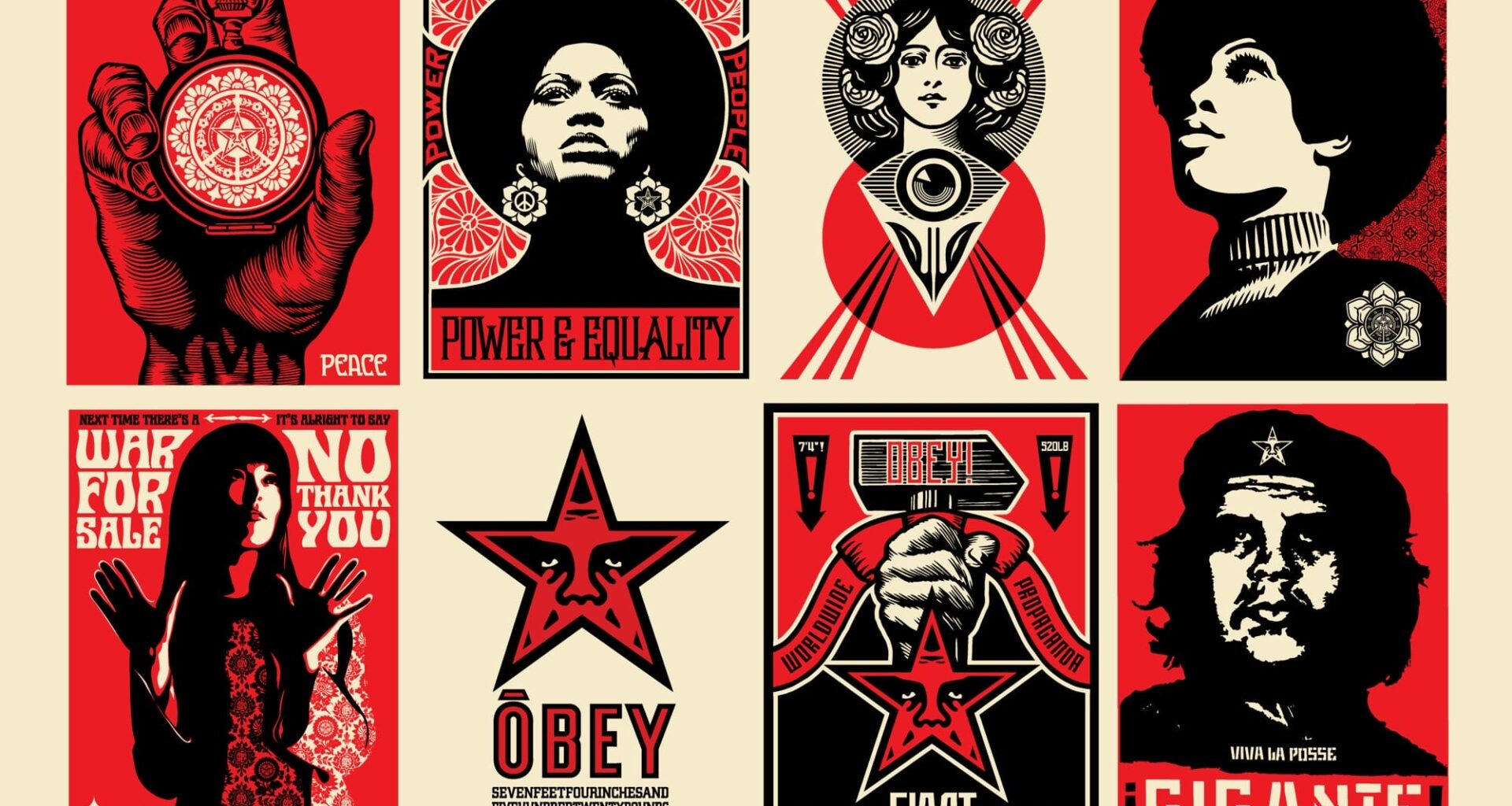 a composite image of 12 black, red, and white posters by Shepard Fairey
