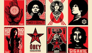 a composite image of 12 black, red, and white posters by Shepard Fairey