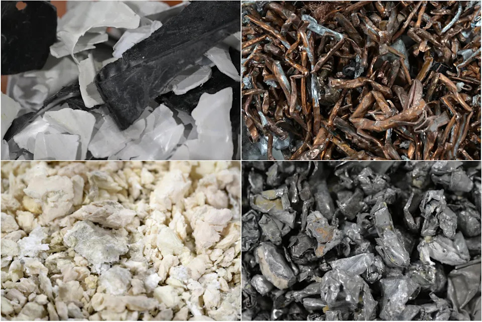 (Clockwise from top left) Plastic, non-ferrous metal, ferrous metal and foam recovered by crushing refrigerators at Cimelia Resource Recovery’s facility in Tuas.