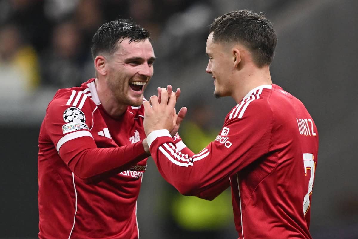 Liverpool’s Andy Robertson, left, celebrates with Florian Wirtz (DPA via Pa Wire)
