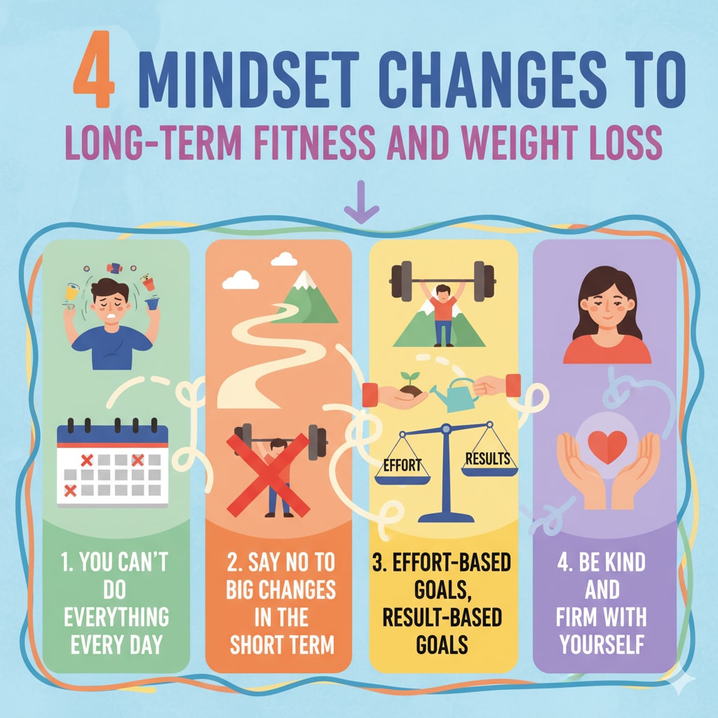 4 mindset changes for long-term fitness and weight loss. (Google Gemini)