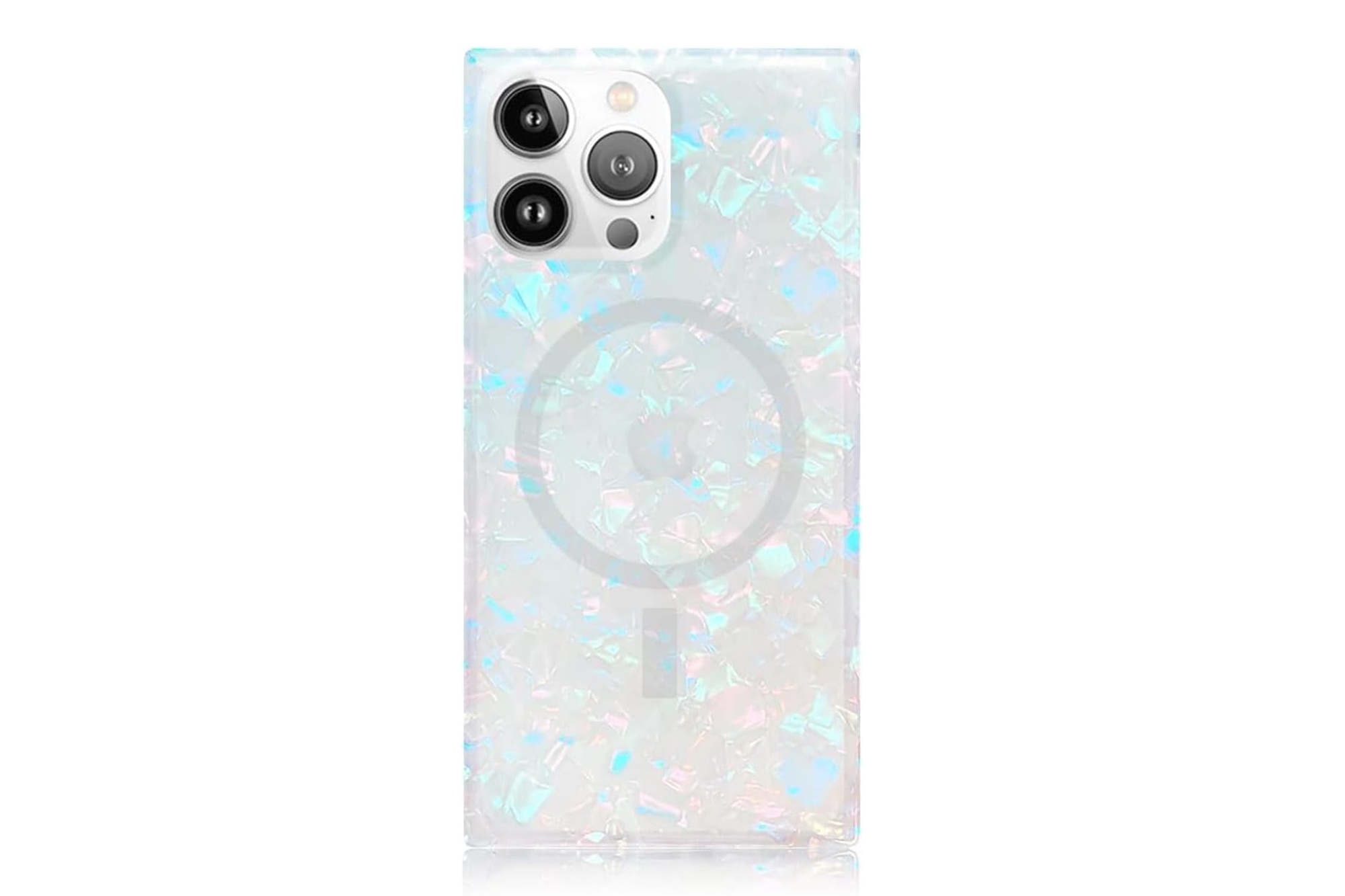 Clear phone case with iridescent shell-like pieces.