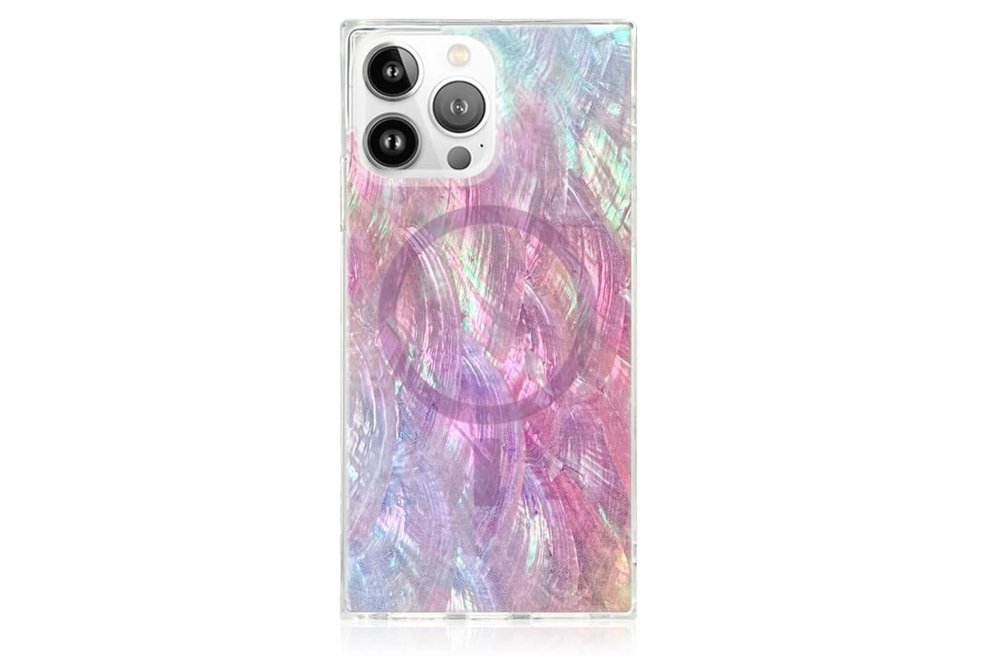 Clear phone case with iridescent pink and purple swirls.