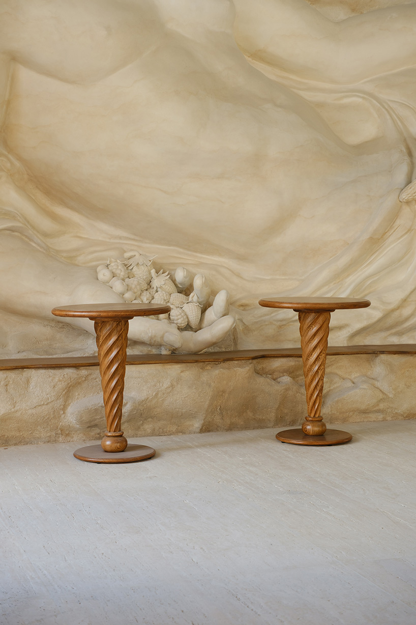 dessert-shaped sculptures in marble and wood ornament ice cream shop in argentina