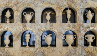 dessert-shaped sculptures in marble and wood ornament ice cream shop in argentina
