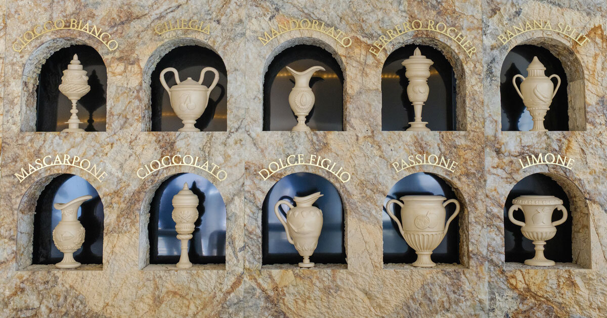 dessert-shaped sculptures in marble and wood ornament ice cream shop in argentina