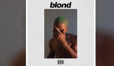 A shirtless person with short green hair covers their face with one hand, standing against a tiled background. The word "blond" is written above, resembling an album cover design.