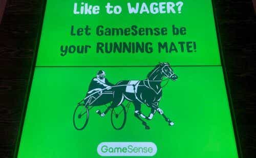 An ad for GameSense, a “responsible gaming” program for Massachusetts residents, appears on a screen at the MGM Springfield casino. (Karen Brown/New England Public Media)