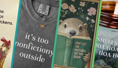 slanted collage of four images of bookish gifts: a bookmark, t-shirt, art print, and candle